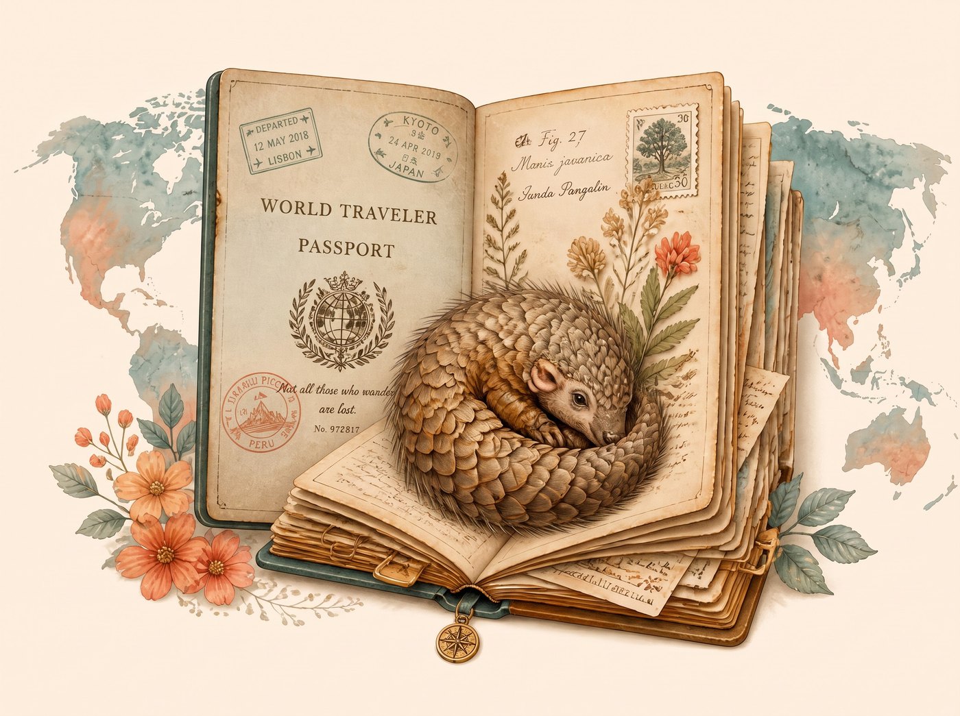 A pangolin curled on an open travel journal, surrounded by pressed flowers and passport stamps